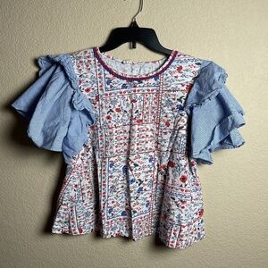 Anthropologie Let Me Be Women Small Floral Chambray Ruffle Flutter Sleeve Blouse